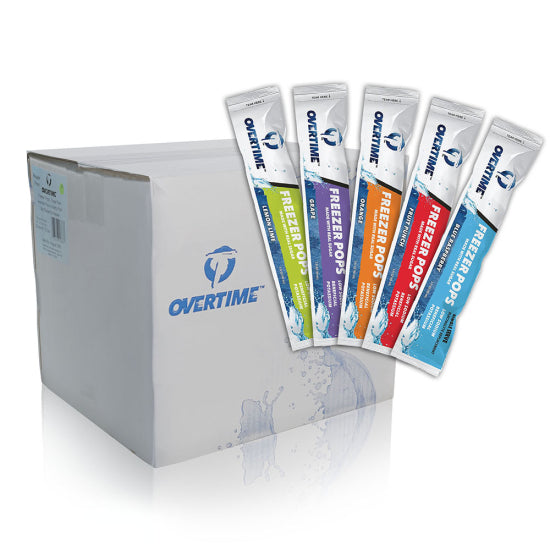 Box of Overtime freezer pops with colorful packaging on a white background - Case Pack of 150 total pops